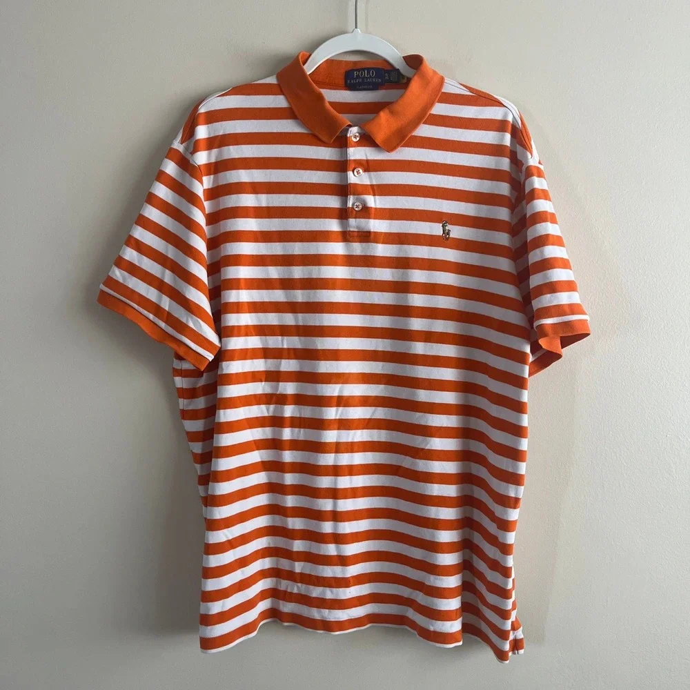 Polo Ralph Lauren Classic Fit Striped Polo Shirt XL Orange White 100% Cotton